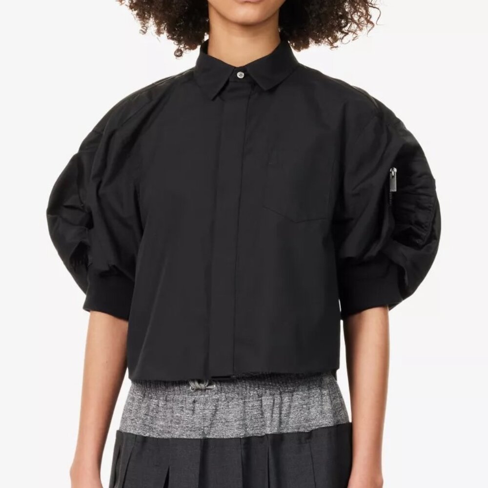 Sacai Japan Black Bomber Jacket Balloon Sleeves Cotton Poplin Top Shirt Sz 1